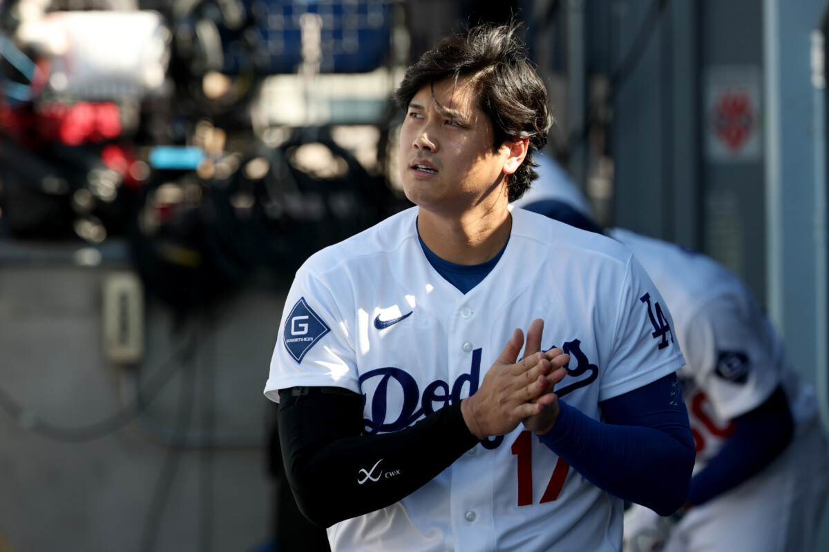 Jul 5, 2026; Los Angeles, California, USA; Los Angeles Dodgers designated hitter Shohei Ohtani (17) reacts after striking out in the first inning against the San Diego Padres at Dodger Stadium. Mandatory Credit: Kiyoshi Mio-Imagn Images