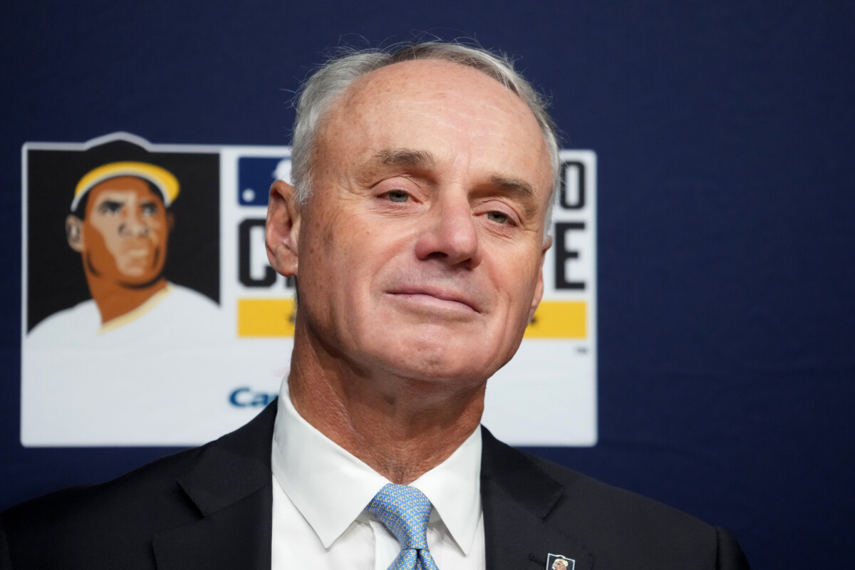 Oct 27, 2025; Los Angeles, California, USA; Major League Baseball commissioner Rob Manfred before game three of the 2025 MLB World Series between the Toronto Blue Jays and Los Angeles Dodgers at Dodger Stadium. Mandatory Credit: Kirby Lee-Imagn Images