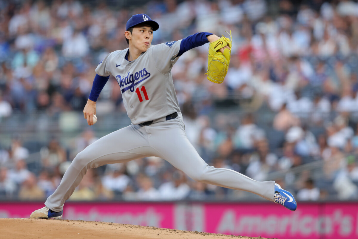 Jul 17, 2026; Bronx, New York, USA; Los Angeles Dodgers starting pitcher Roki Sasaki (11) pitches against the New York Yankees during the first inning at Yankee Stadium. Mandatory Credit: Brad Penner-Imagn Images
