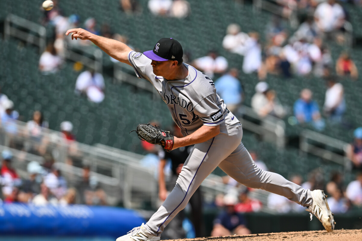 Jun 28, 2026; Minneapolis, Minnesota, USA; Colorado Rockies pitcher Seth Halvorsen (54) throws a pitch against the Minnesota Twins during the seventh inning at Target Field. Mandatory Credit: Jeffrey Becker-Imagn Images