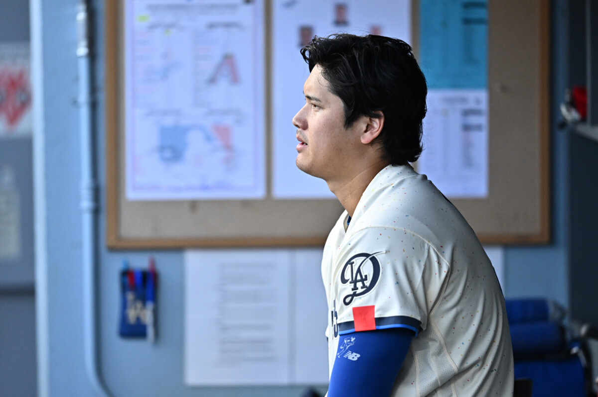 Jul 11, 2026; Los Angeles, California, USA; Los Angeles Dodgers designated hitter Shohei Ohtani (17) in the dugout during the third inning against the Arizona Diamondbacks at Dodger Stadium. Mandatory Credit: William Liang-Imagn Images