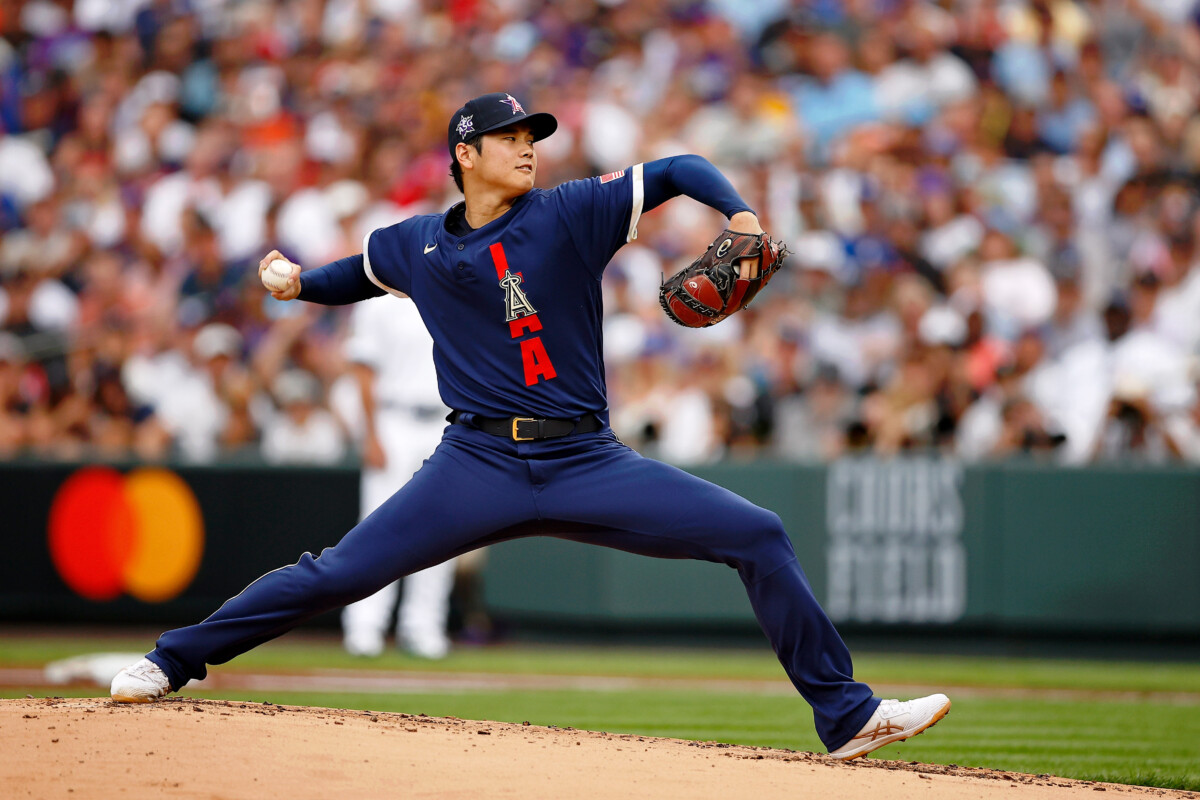 Jul 13, 2021; Denver, Colorado, USA; American League starting pitcher Shohei Ohtani of the Los Angeles Angels (17) pitches against the National League during the first inning during the 2021 MLB All Star Game at Coors Field. Mandatory Credit: Isaiah J. Downing-USA TODAY Sports