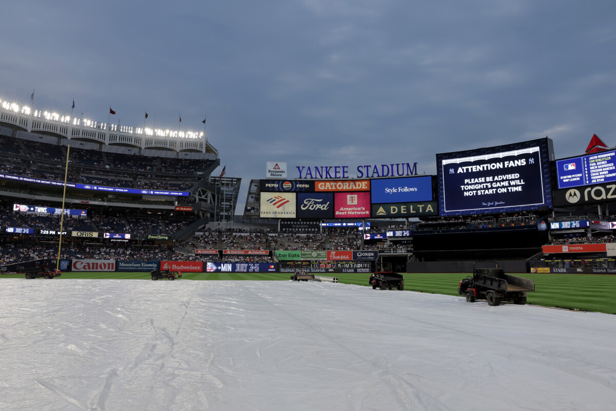Jun 6, 2026; Bronx, New York, USA; General view of Yankee Stadium during a rain delay before the start of a game between the New York Yankees and Boston Red Sox. Mandatory Credit: Brad Penner-Imagn Images