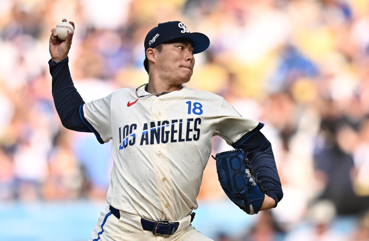 Jul 11, 2026; Los Angeles, California, USA; Los Angeles Dodgers pitcher Yoshinobu Yamamoto (18) throws during the first inning against the Arizona Diamondbacks at Dodger Stadium. Mandatory Credit: William Liang-Imagn Images