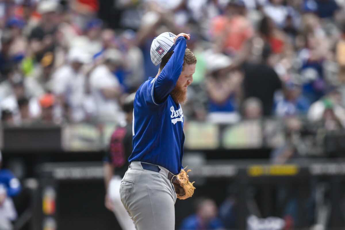 Jul 26, 2026; New York City, New York, USA; Los Angeles Dodgers pitcher Will Klein (61) reacts after giving up a three run home run to New York Mets second baseman Marcus Semien (not pictured) during the seventh inning at Citi Field. Mandatory Credit: John Jones-Imagn Images