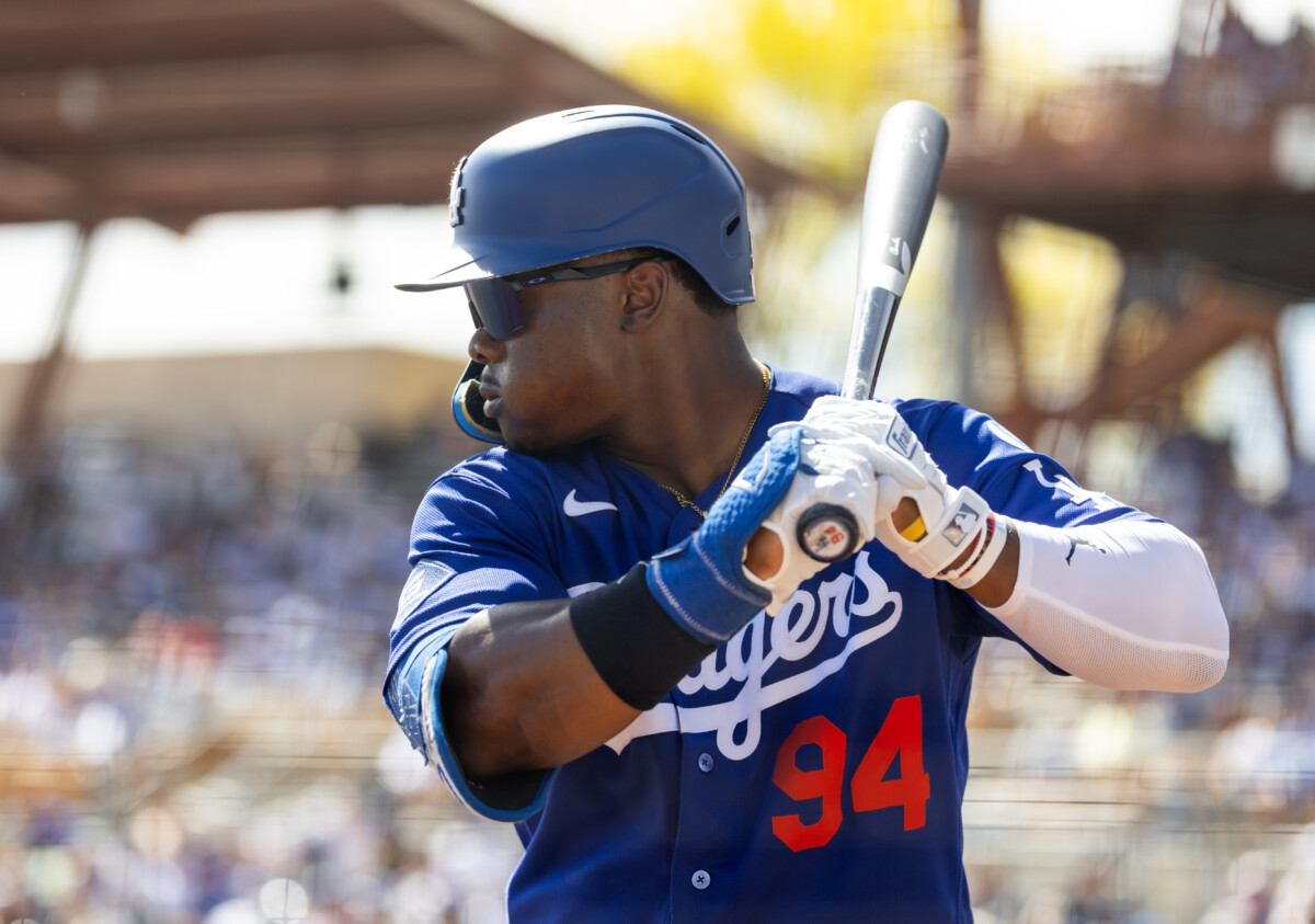 Mar 14, 2026; Phoenix, Arizona, USA; Los Angeles Dodgers outfielder Zyhir Hope against the Chicago White Sox during a spring training game at Camelback Ranch-Glendale. Mandatory Credit: Mark J. Rebilas-Imagn Images