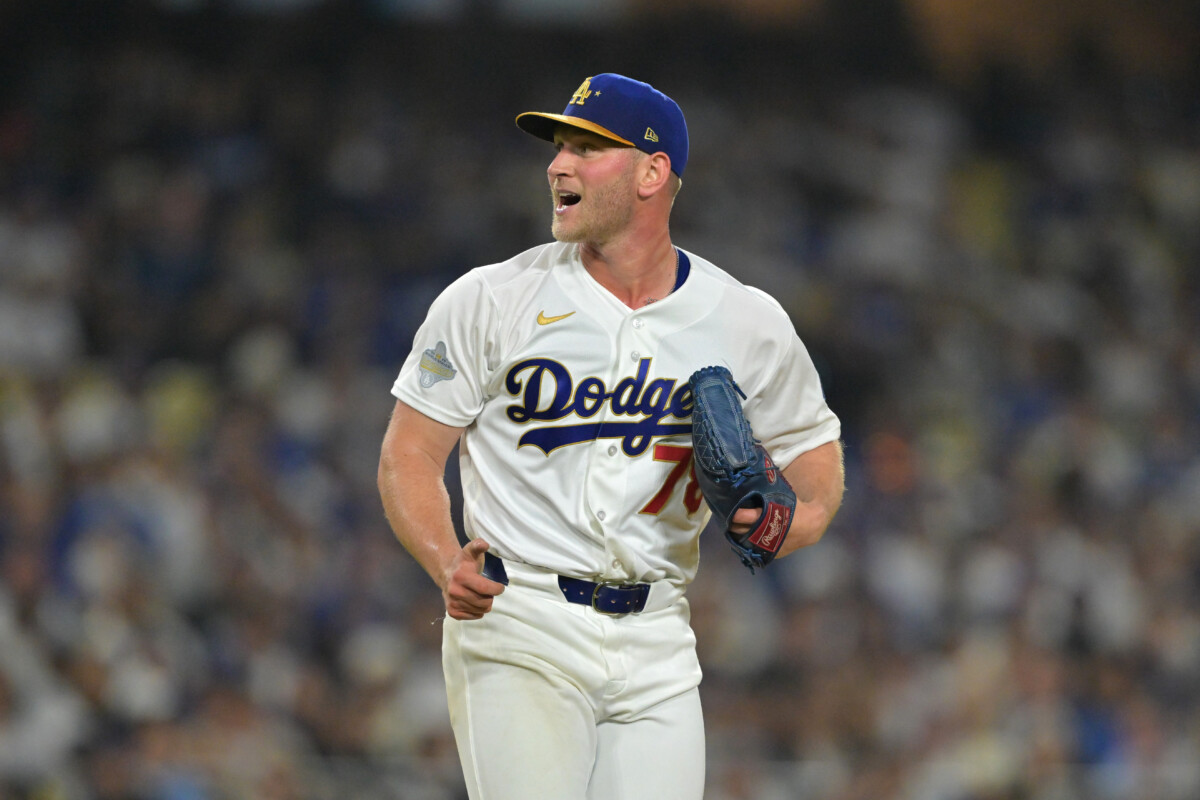 Mar 27, 2026; Los Angeles, California, USA; Los Angeles Dodgers pitcher Ben Casparius (78) reacts in the sixth inning against the Arizona Diamondbacks at Dodger Stadium. Mandatory Credit: Jayne Kamin-Oncea-Imagn Images