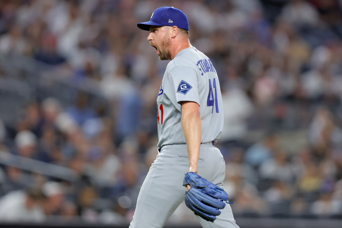 Jul 19, 2026; Bronx, New York, USA; Los Angeles Dodgers relief pitcher Brock Stewart (41) reacts during the fifth inning against the New York Yankees at Yankee Stadium. Mandatory Credit: Brad Penner-Imagn Images