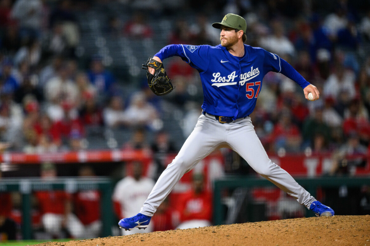 May 15, 2026; Anaheim, California, USA; Los Angeles Dodgers pitcher Charlie Barnes (57) delivers during the ninth inning against the Los Angeles Angels at Angel Stadium. Mandatory Credit: William Liang-Imagn Images