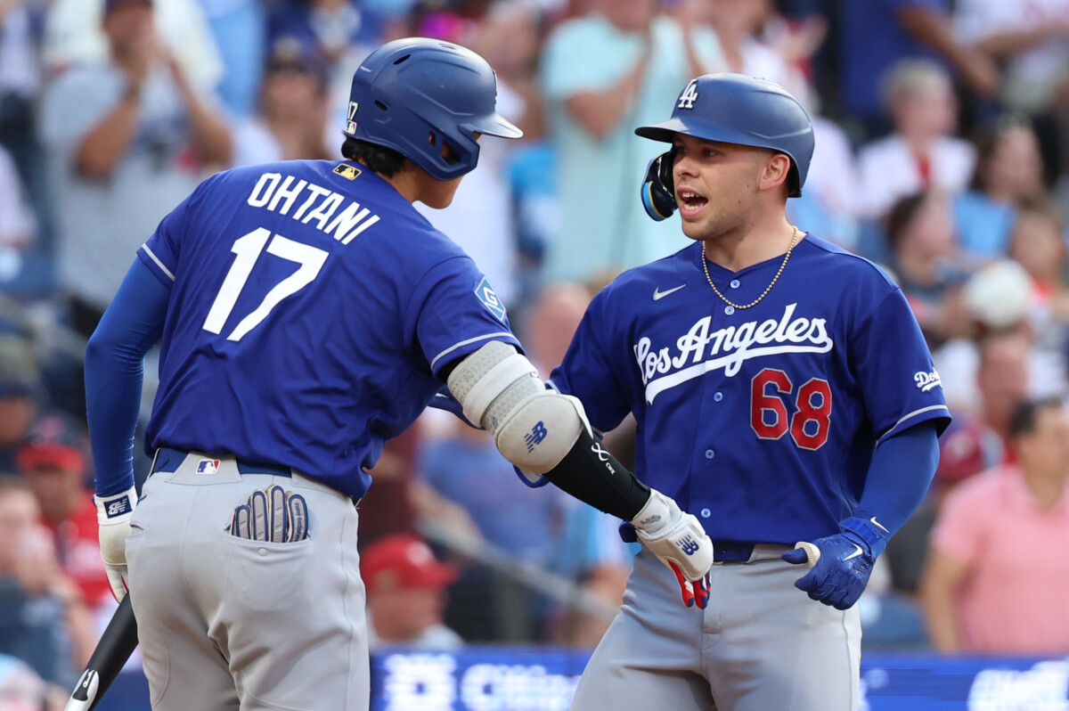 Jul 22, 2026; Philadelphia, Pennsylvania, USA; Los Angeles Dodgers catcher Dalton Rushing (68) reacts with two-way player Shohei Ohtani (17) after hitting a home run against the Philadelphia Phillies during the third inning at Citizens Bank Park. Mandatory Credit: Bill Streicher-Imagn Images