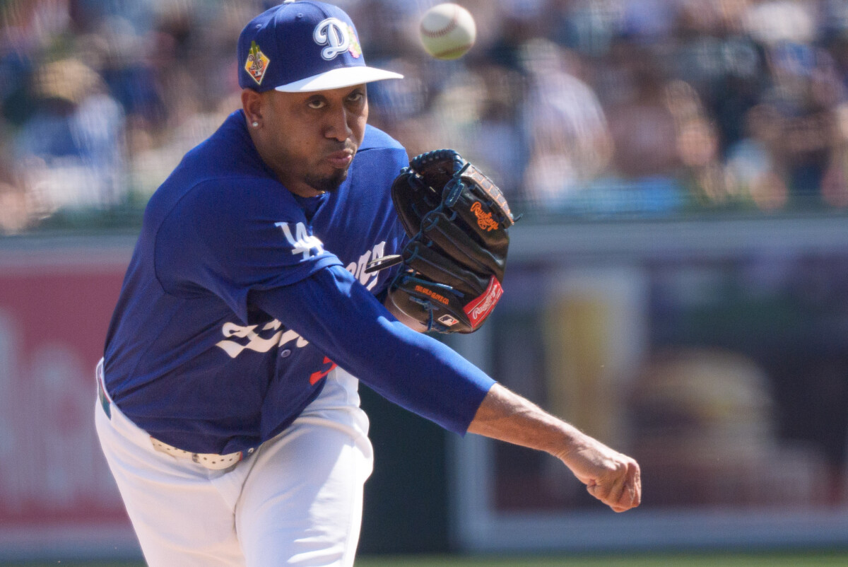 Feb 28, 2026; Phoenix, Arizona, USA; Los Angeles Dodgers pitcher Edwin Diaz (3) on the mound to pitch in the third inning of a spring training game against the Chicago Cub at Camelback Ranch-Glendale. Mandatory Credit: Allan Henry-Imagn Images