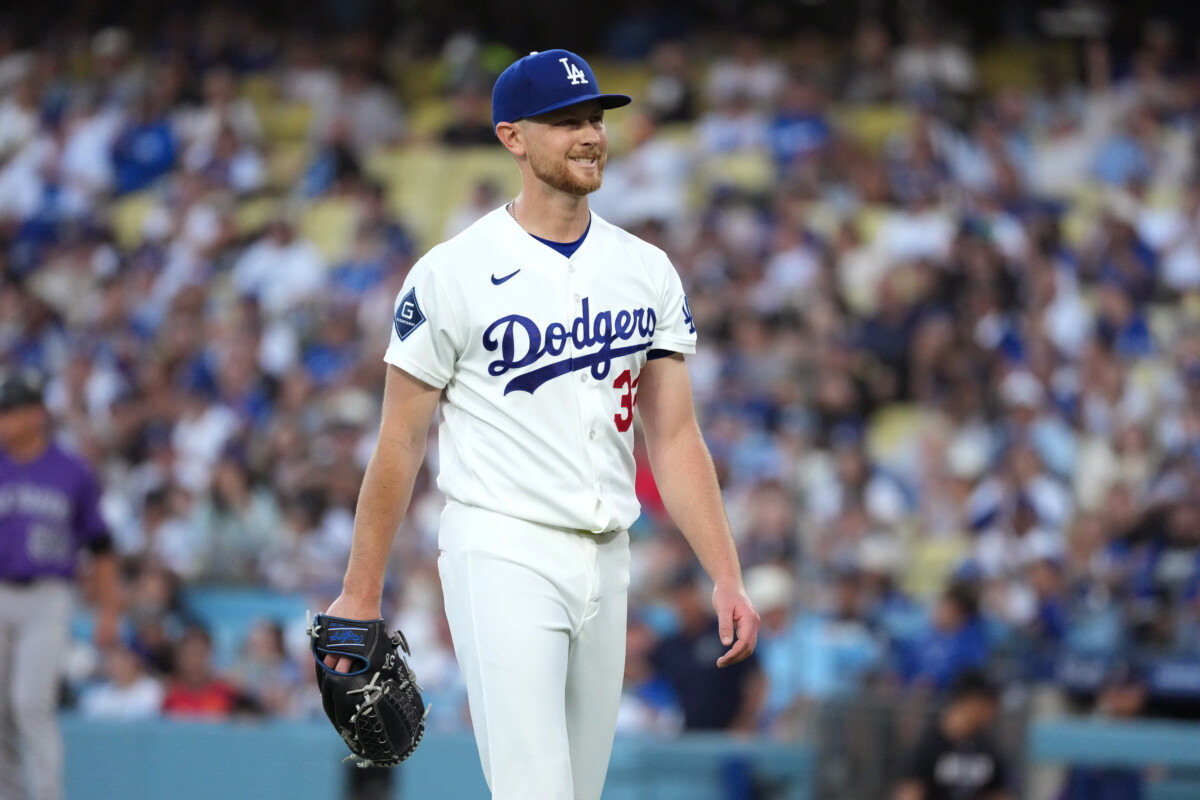 Jul 6, 2026; Los Angeles, California, USA; Los Angeles Dodgers pitcher Eric Lauer (33) reacts in the second inning against the Colorado Rockies at Dodger Stadium. Mandatory Credit: Kirby Lee-Imagn Images