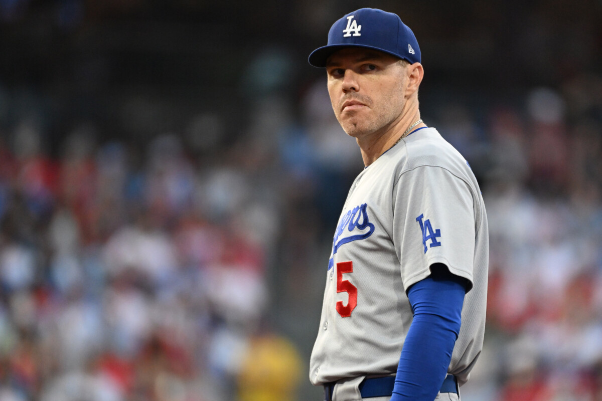 Jul 20, 2026; Philadelphia, Pennsylvania, USA; Los Angeles Dodgers first baseman Freddie Freeman (5) during the second inning against the Philadelphia Phillies at Citizens Bank Park. Mandatory Credit: Eric Hartline-Imagn Images
