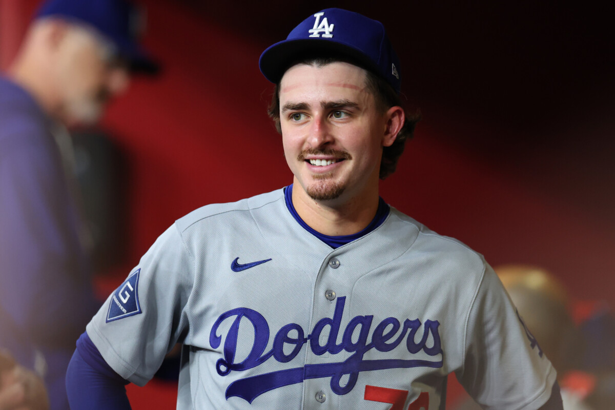 Jun 4, 2026; Phoenix, Arizona, USA; Los Angeles Dodgers pitcher Justin Wrobleski (70) reacts in the dugout after pitching against the Arizona Diamondbacks in the sixth inning at Chase Field. Mandatory Credit: Anna Carrington-Imagn Images