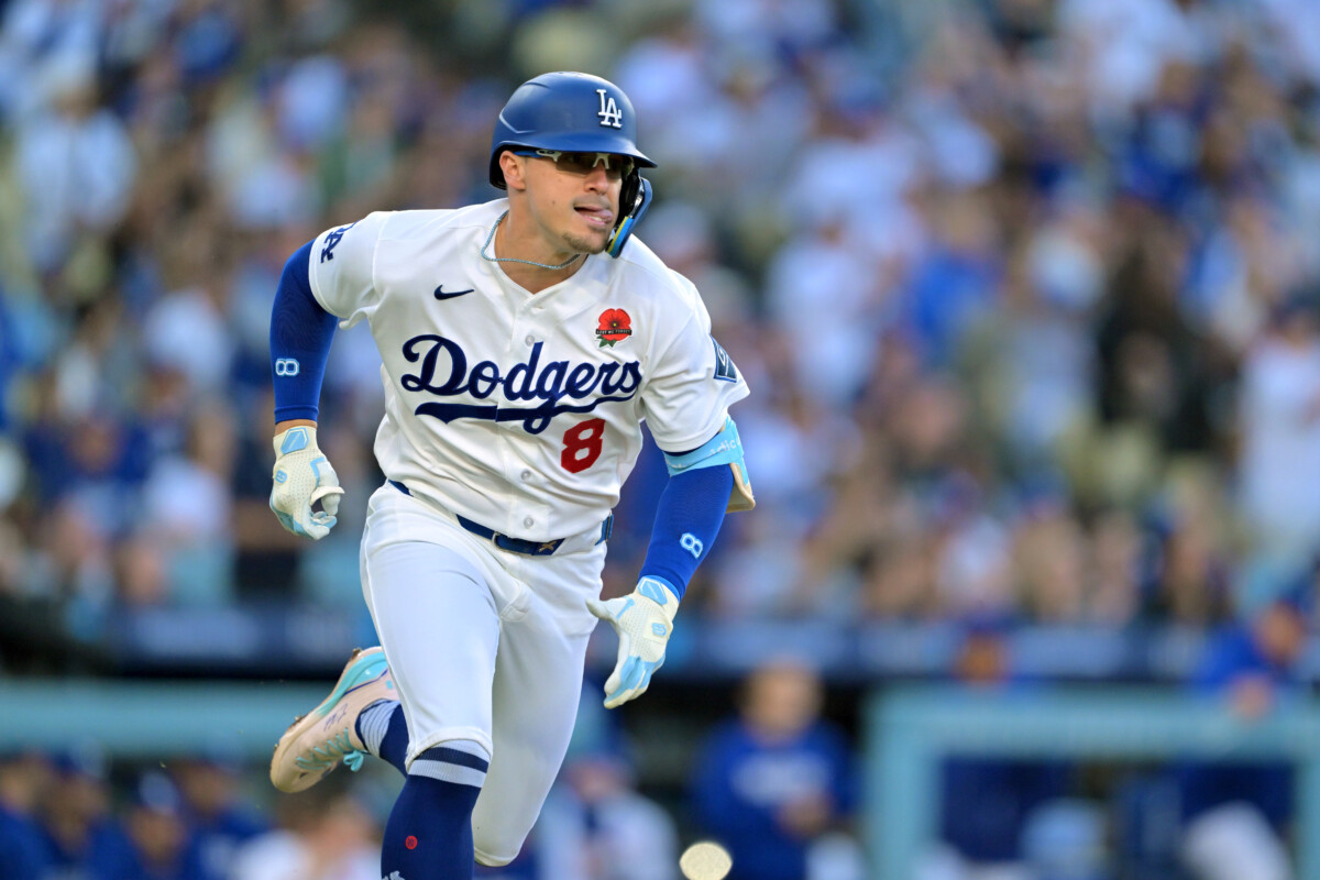 May 25, 2026; Los Angeles, California, USA; Los Angeles Dodgers second baseman Enrique Hernandez (8) hits an RBI double against the Colorado Rockies in the third inning at Dodger Stadium. Mandatory Credit: Jayne Kamin-Oncea-Imagn Images