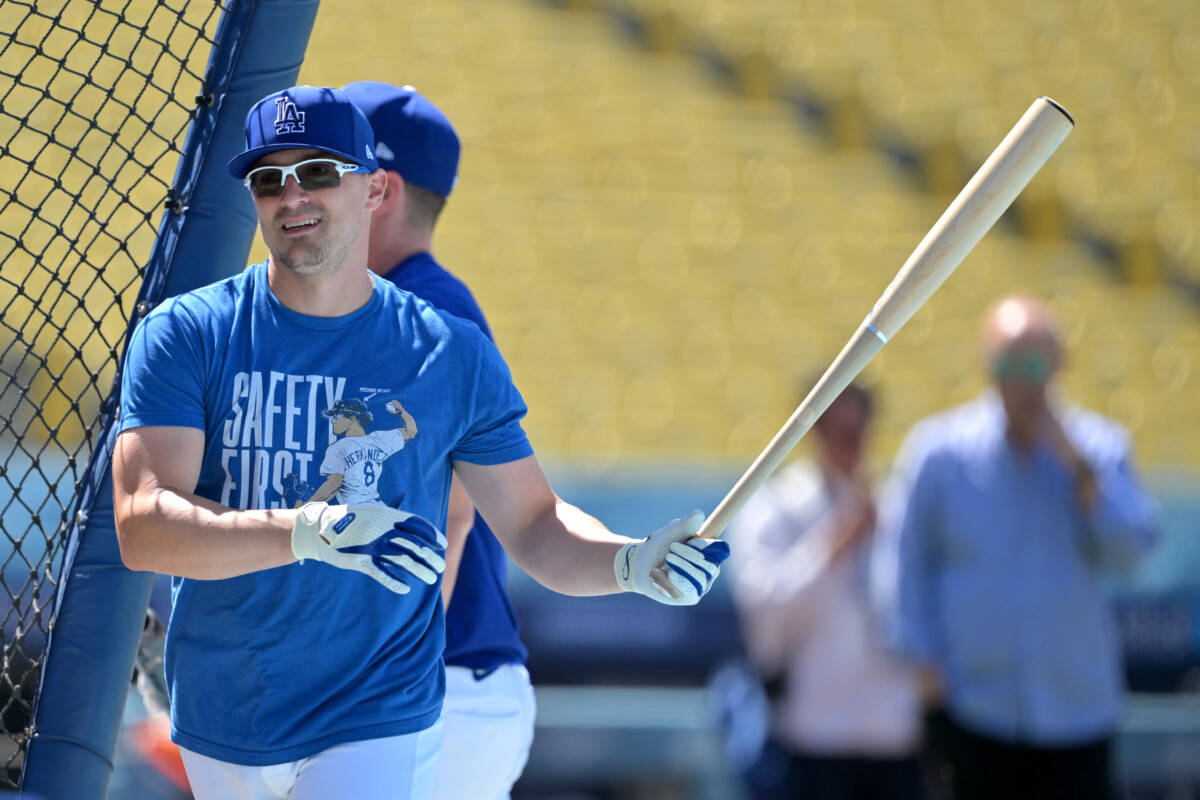 May 25, 2026; Los Angeles, California, USA; Los Angeles Dodgers second baseman Enrique Hernandez (8) takes batting practice prior to the game against the the Colorado Rockies at Dodger Stadium. Mandatory Credit: Jayne Kamin-Oncea-Imagn Images