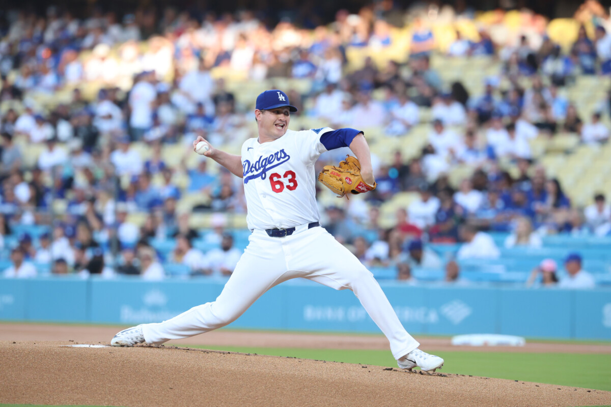 Jul 10, 2026; Los Angeles, California, USA; Los Angeles Dodgers starting pitcher Kyle Hurt (63) throws a pitch during the first inning against the Arizona Diamondbacks at Dodger Stadium. Mandatory Credit: William Navarro-Imagn Images