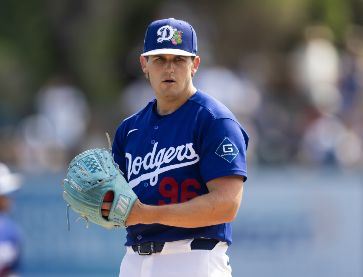 Mar 1, 2026; Phoenix, Arizona, USA; Los Angeles Dodgers pitcher Landon Knack against the Los Angeles Angels during a spring training game at Camelback Ranch-Glendale. Mandatory Credit: Mark J. Rebilas-Imagn Images