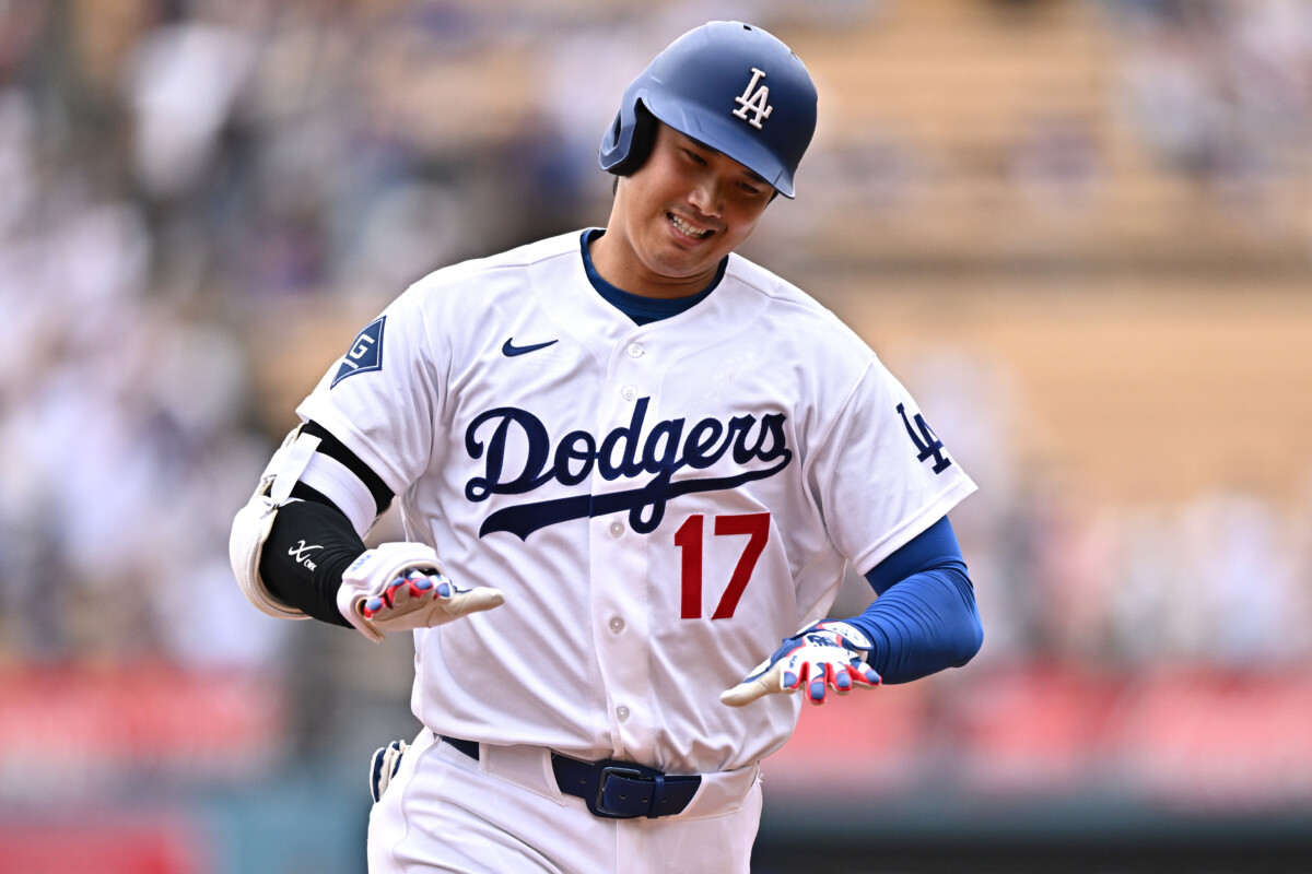 Jul 12, 2026; Los Angeles, California, USA; Los Angeles Dodgers two-way player Shohei Ohtani (17) celebrates after hitting a solo home run against the Arizona Diamondbacks during the first inning at Dodger Stadium. Mandatory Credit: William Liang-Imagn Images