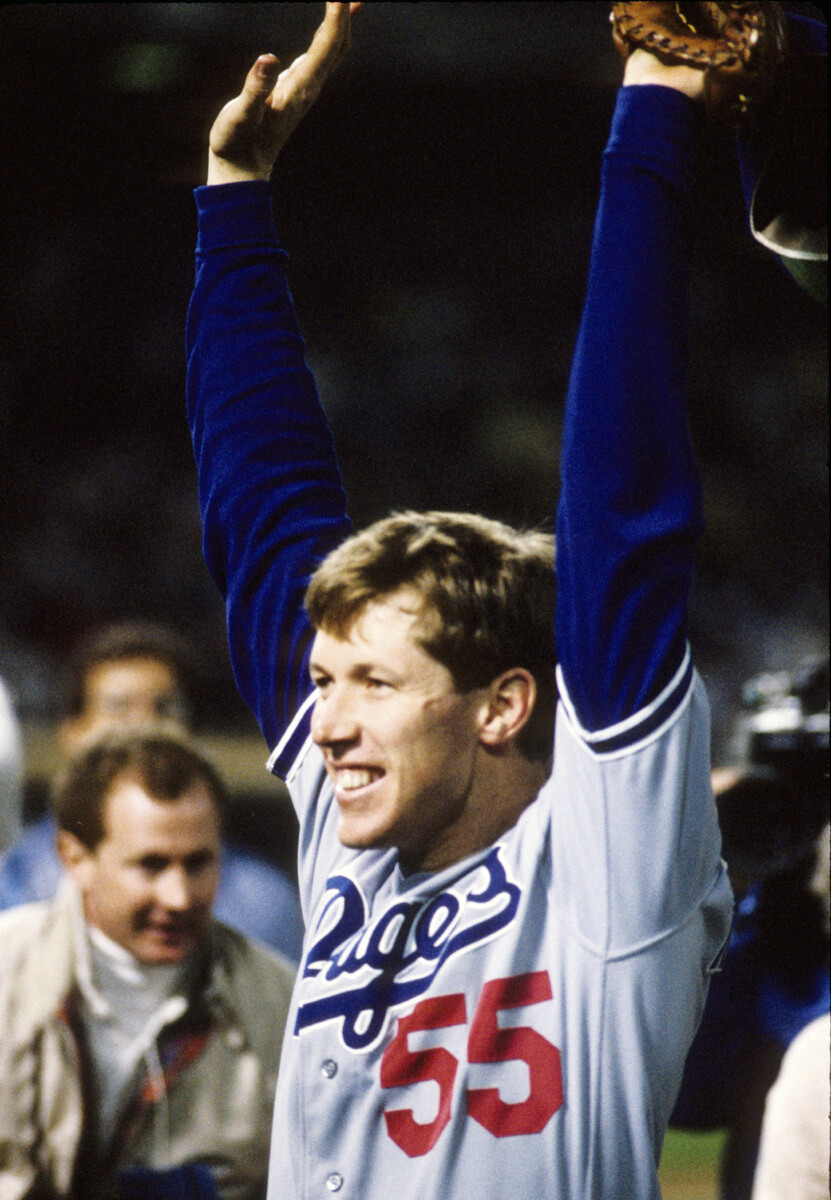 Oct 20, 1988; Oakland, CA, USA: FILE PHOTO; Los Angeles Dodgers pitcher Orel Hershiser reacts after defeating the Oakland Athletics in the 1988 World Series at Oakland-Alameda County Coliseum. Hershiser was named series MVP. Mandatory Credit: MPS-USA TODAY Sports