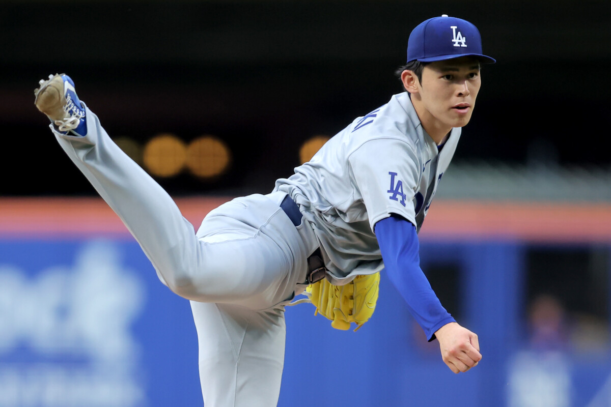 Jul 24, 2026; New York City, New York, USA; Los Angeles Dodgers starting pitcher Roki Sasaki (11) follows through on a pitch against the New York Mets during the second inning at Citi Field. Mandatory Credit: Brad Penner-Imagn Images