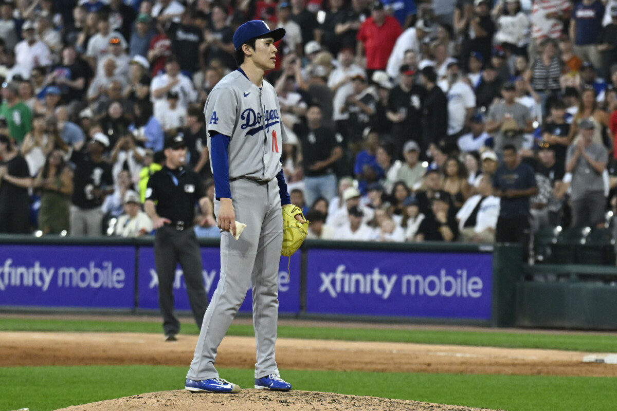 Jun 12, 2026; Chicago, Illinois, USA; Los Angeles Dodgers pitcher Roki Sasaki (11) looks on after the Chicago White Sox score during the fifth inning at Rate Field. Mandatory Credit: Matt Marton-Imagn Images