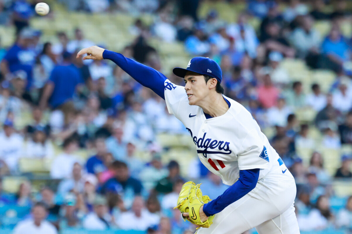 Jul 30, 2026; Los Angeles, California, USA; Los Angeles Dodgers pitcher R?ki Sasaki (11) delivers in the first inning against the Seattle Mariners at Dodger Stadium. Mandatory Credit: William Navarro-Imagn Images