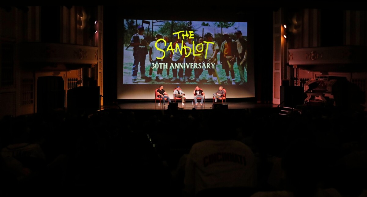 "The Sandlot” cast members Tom Guiry, Chauncey Leopardi and Marty York answer questions from fans Saturday, Aug. 10, 2024, during a 30th anniversary screening for the film at The Long Center for Performing Arts in Lafayette, Ind.