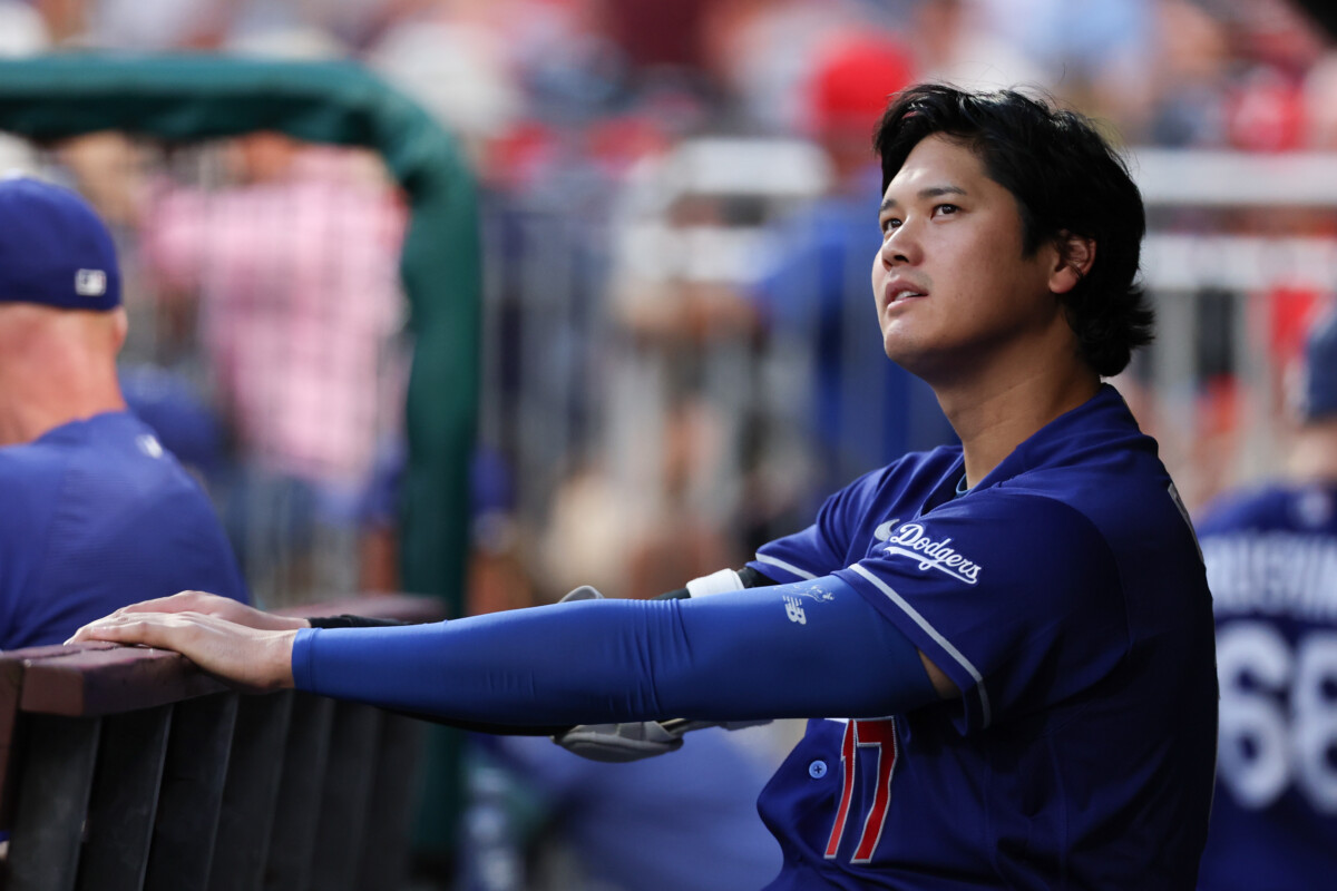 Jul 22, 2026; Philadelphia, Pennsylvania, USA; Los Angeles Dodgers two-way player Shohei Ohtani (17) looks on from the dugout during the fifth inning Philadelphia Phillies at Citizens Bank Park. Mandatory Credit: Bill Streicher-Imagn Images