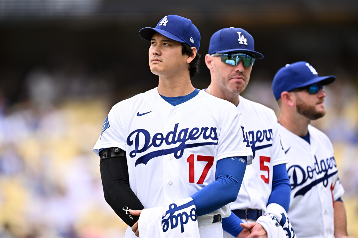 Jul 12, 2026; Los Angeles, California, USA; Los Angeles Dodgers two-way player Shohei Ohtani (17) receives his All-Star game jerseys before the game against the Arizona Diamondbacks at Dodger Stadium. Mandatory Credit: William Liang-Imagn Images