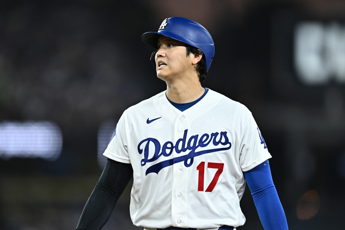 Jul 28, 2026; Los Angeles, California, USA; Los Angeles Dodgers designated hitter Shohei Ohtani (17) looks on during the fourth inning against the Seattle Mariners at Dodger Stadium. Mandatory Credit: William Liang-Imagn Images
