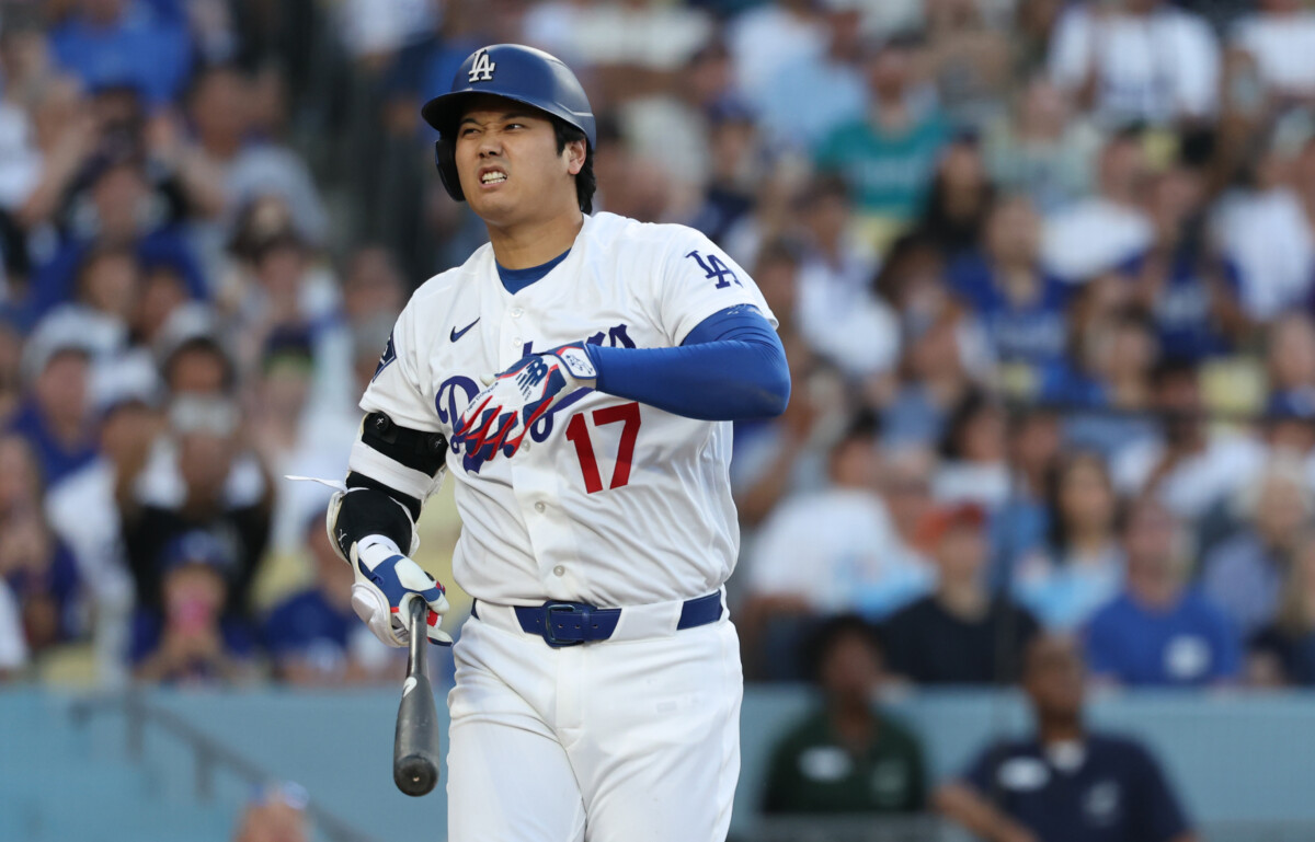 Jul 29, 2026; Los Angeles, California, USA; Los Angeles Dodgers designated hitter Shohei Ohtani (17) reacts after a pitch during the first inning against the Seattle Mariners at Dodger Stadium. Mandatory Credit: Kiyoshi Mio-Imagn Images