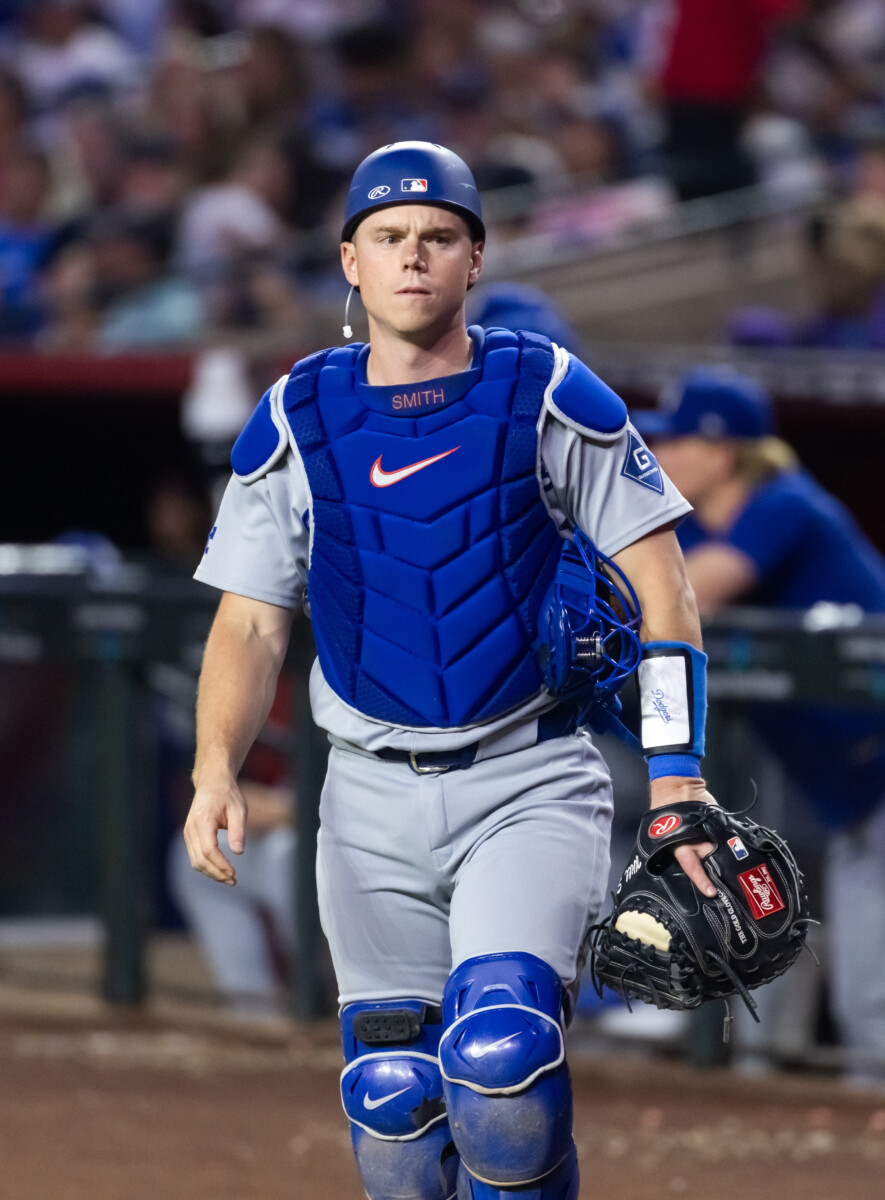 Jun 3, 2026; Phoenix, Arizona, USA; Los Angeles Dodgers catcher Will Smith against the Arizona Diamondbacks at Chase Field. Mandatory Credit: Mark J. Rebilas-Imagn Images