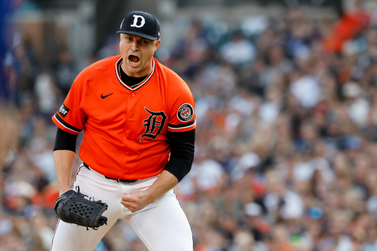 Jul 24, 2026; Detroit, Michigan, USA; Detroit Tigers pitcher Tarik Skubal (29) celebrates after the third inning against the Kansas City Royals at Comerica Park. Mandatory Credit: Rick Osentoski-Imagn Images