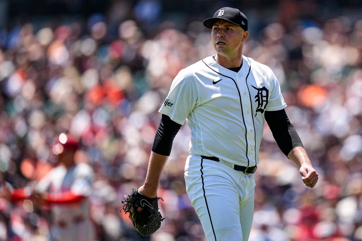 Detroit Tigers pitcher Tarik Skubal (29) walks off the mound after pitching the second inning against Philadelphia Phillies at Comerica Park in Detroit on Sunday, July 12, 2026.