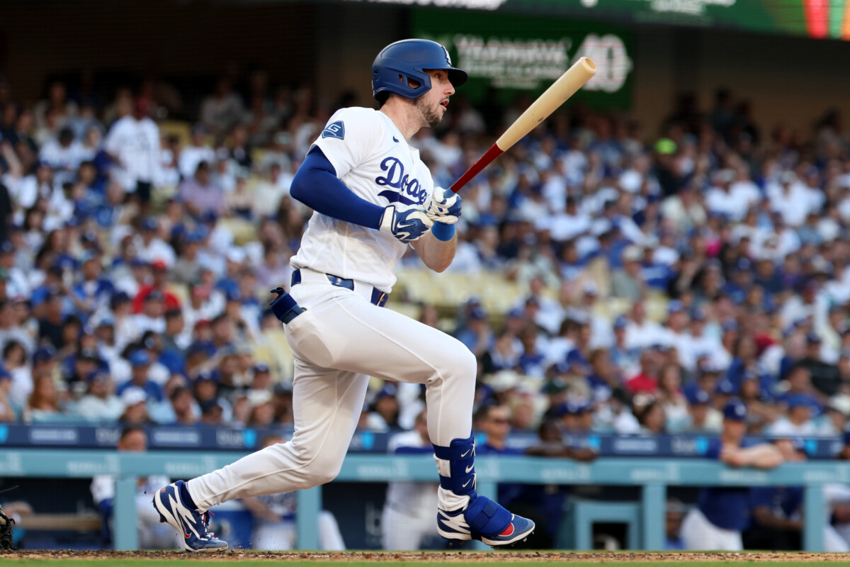 Jul 5, 2026; Los Angeles, California, USA; Los Angeles Dodgers right fielder Kyle Tucker (23) singled in the seventh inning against the San Diego Padres at Dodger Stadium. Mandatory Credit: Kiyoshi Mio-Imagn Images