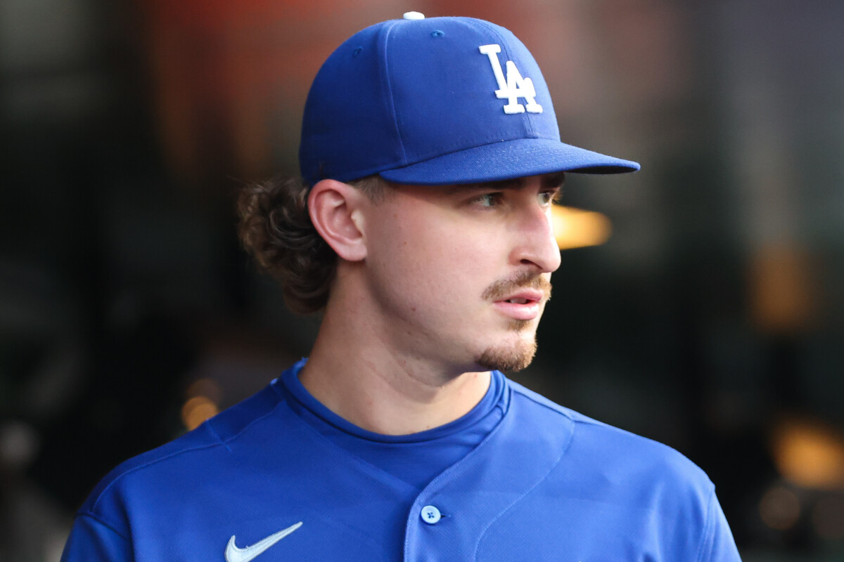 Jun 30, 2026; West Sacramento, California, USA; Los Angeles Dodgers pitcher Justin Wrobleski (70) looks on between innings of a baseball game against the Athletics at Sutter Health Park. Mandatory Credit: Scott Marshall-Imagn Images