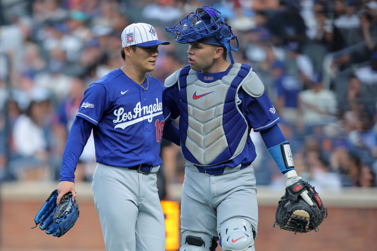 Jul 25, 2026; New York City, New York, USA; Los Angeles Dodgers catcher Dalton Rushing (68) talks to starting pitcher Yoshinobu Yamamoto (18) after the first inning against the New York Mets at Citi Field. Mandatory Credit: Brad Penner-Imagn Images