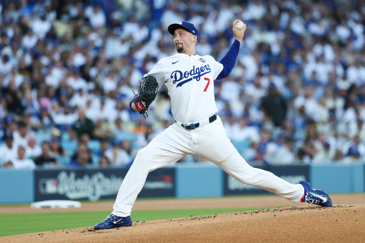 Oct 29, 2025; Los Angeles, California, USA; Los Angeles Dodgers pitcher Blake Snell (7) pitches during the first inning against the Toronto Blue Jays during game five of the 2025 MLB World Series at Dodger Stadium. Mandatory Credit: Kiyoshi Mio-Imagn Images