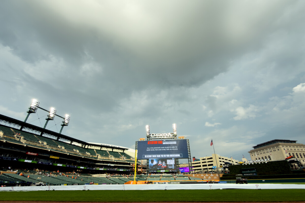 Jun 9, 2026; Detroit, Michigan, USA; General view during a rain delay before the game between the Detroit Tigers and the Minnesota Twins at Comerica Park. Mandatory Credit: Rick Osentoski-Imagn Images