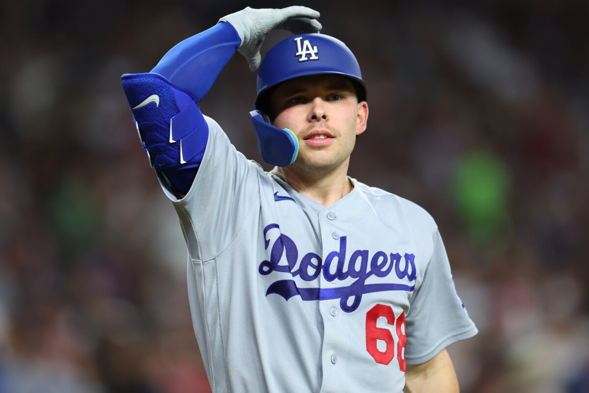Jun 4, 2026; Phoenix, Arizona, USA; Los Angeles Dodgers catcher Dalton Rushing (68) walks to the dugout after striking out against the Arizona Diamondbacks in the seventh inning at Chase Field. Mandatory Credit: Anna Carrington-Imagn Images