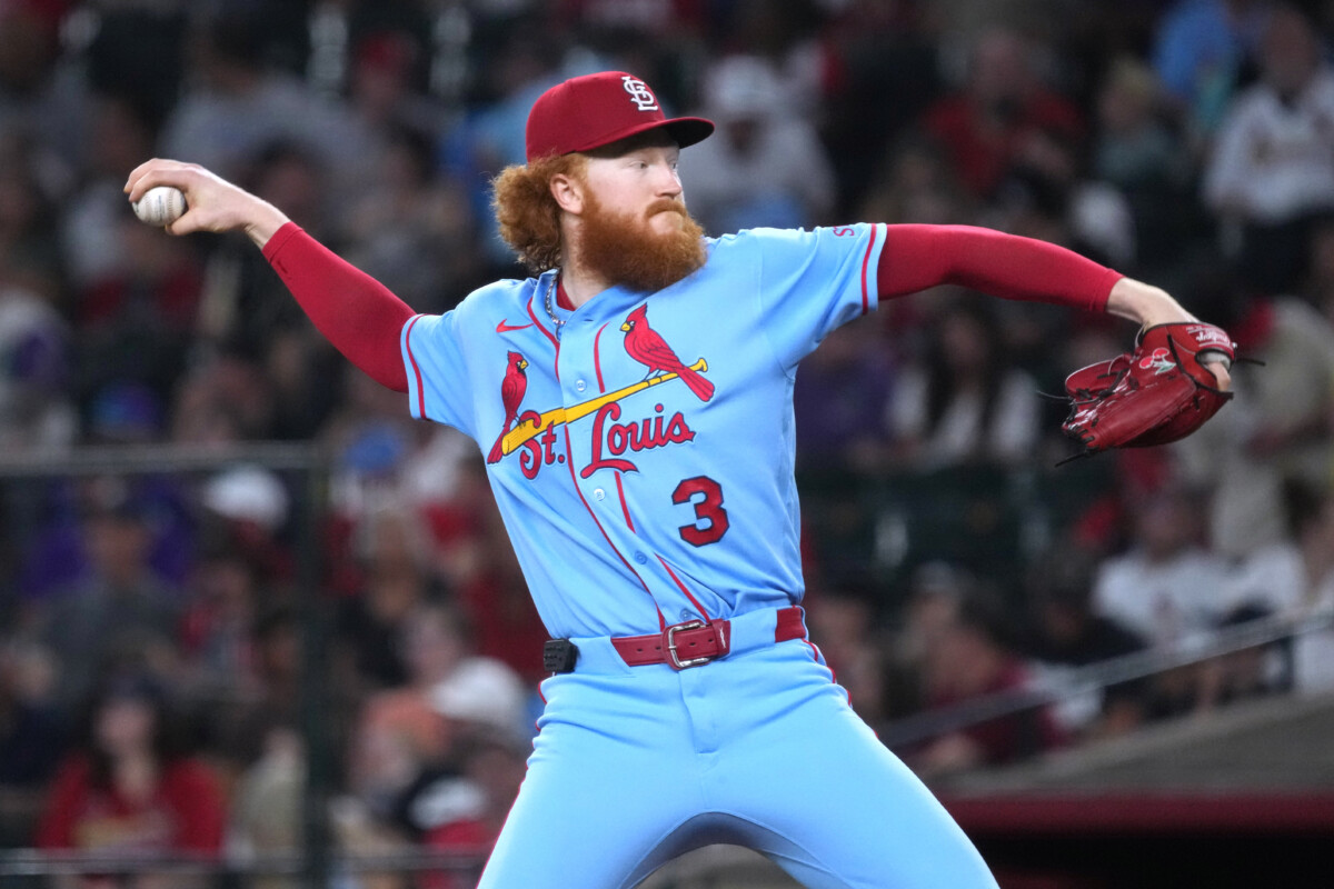 Jul 18, 2026; Phoenix, Arizona, USA; St. Louis Cardinals pitcher Dustin May (3) throws against the Arizona Diamondbacks in the first inning at Chase Field. Mandatory Credit: Rick Scuteri-Imagn Images