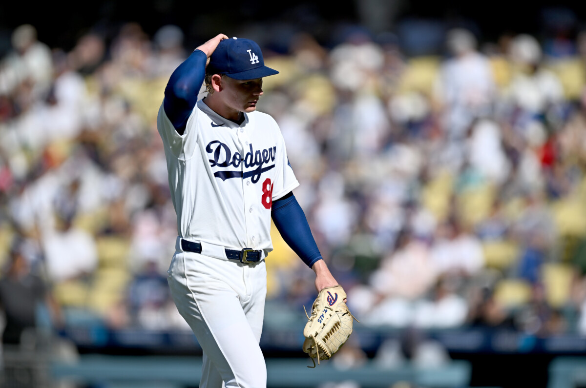 Aug 2, 2026; Los Angeles, California, USA; Los Angeles Dodgers pitcher Emmet Sheehan (80) reacts after a pitch during the first inning against the Boston Red Sox at Dodger Stadium. Mandatory Credit: Jonathan Hui-Imagn Images
