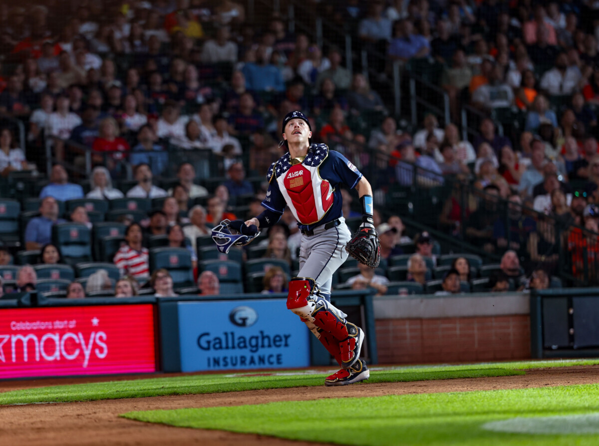 Jul 4, 2026; Houston, Texas, USA; Tampa Bay Rays catcher Hunter Feduccia (9) chases a foul ball against the Houston Astros in the second inning at Daikin Park. Mandatory Credit: Thomas Shea-Imagn Images