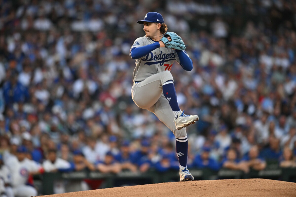 Aug 3, 2026; Chicago, Illinois, USA; Los Angeles Dodgers pitcher Justin Wrobleski (70) pitches against the Chicago Cubs during the first inning at Wrigley Field. Mandatory Credit: Patrick Gorski-Imagn Images