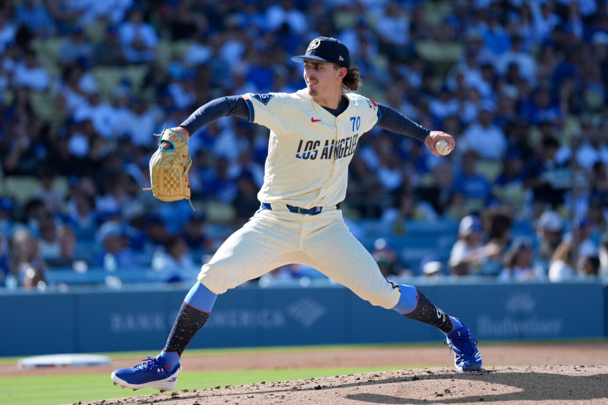 Aug 15, 2026; Los Angeles, California, USA; Los Angeles Dodgers pitcher Justin Wrobleski (70) throw a pitch against the Milwaukee Brewers during the second inning at Dodger Stadium. Mandatory Credit: Kirby Lee-Imagn Images