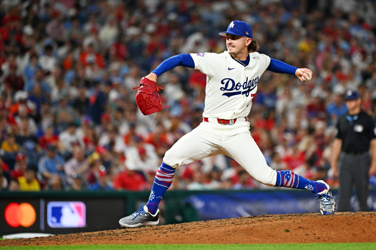 Jul 14, 2026; Philadelphia, Pennsylvania, USA; National League Los Angeles Dodgers pitcher Justin Wrobleski (70) throws out a pitch at the top of the seventh inning during the All-Star Game at Citizens Bank Park. Mandatory Credit: Eric Hartline-Imagn Images
