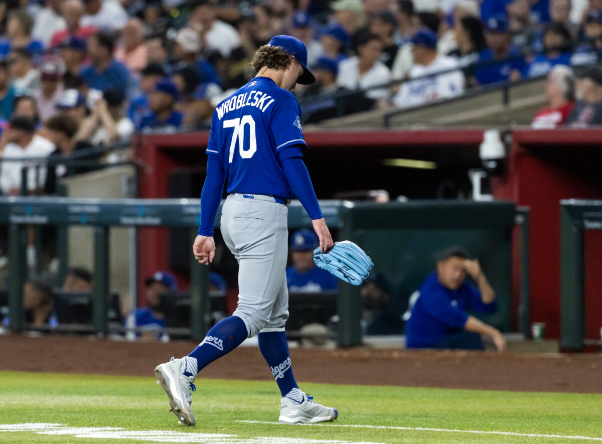 Aug 9, 2026; Phoenix, Arizona, USA; Los Angeles Dodgers pitcher Justin Wrobleski leaves the game in the fourth inning against the Arizona Diamondbacks at Chase Field. Mandatory Credit: Mark J. Rebilas-Imagn Images
