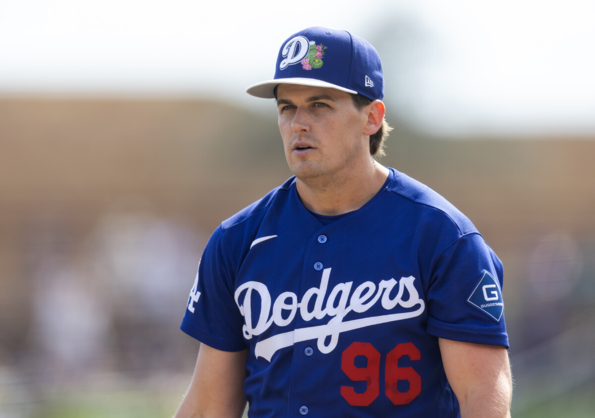 Feb 23, 2026; Phoenix, Arizona, USA; Los Angeles Dodgers pitcher Landon Knack against the Seattle Mariners during a spring training game at Camelback Ranch-Glendale. Mandatory Credit: Mark J. Rebilas-Imagn Images