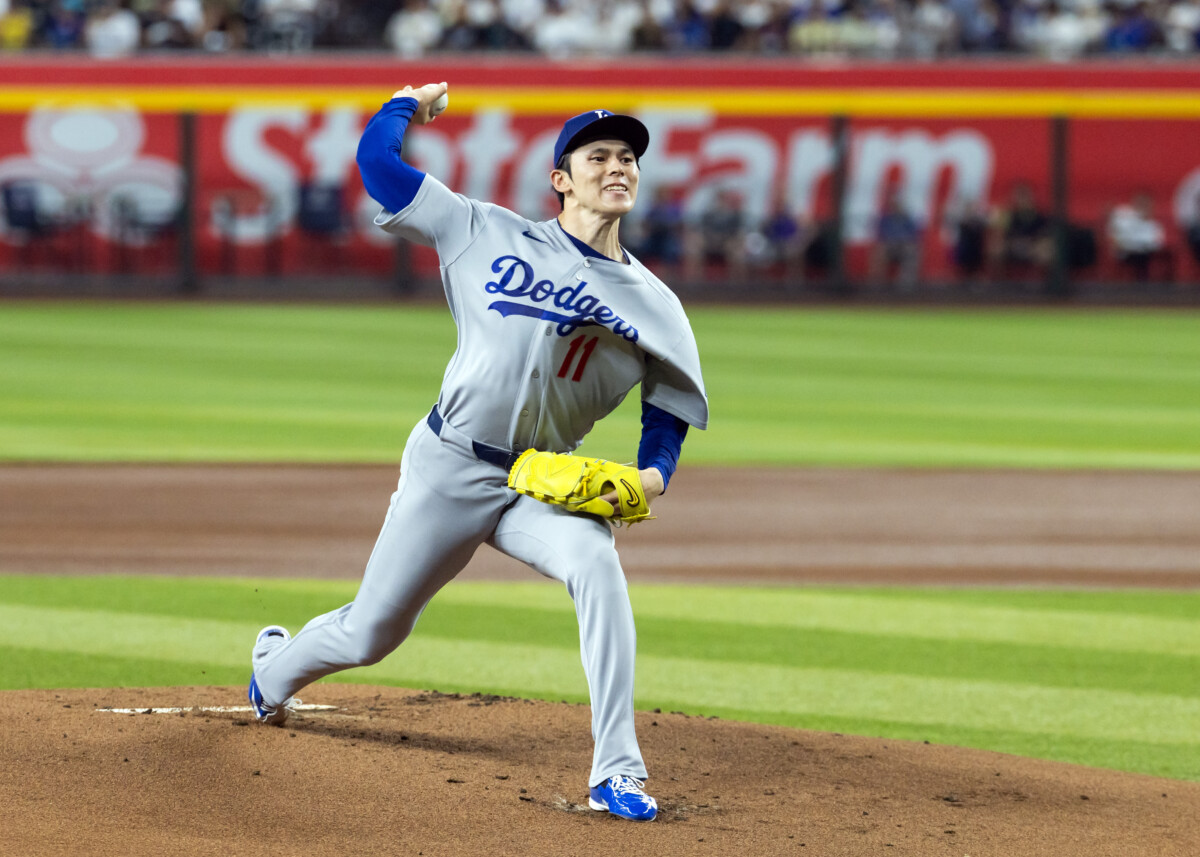 Aug 7, 2026; Phoenix, Arizona, USA; Los Angeles Dodgers pitcher Roki Sasaki in the first inning against the Arizona Diamondbacks at Chase Field. Mandatory Credit: Mark J. Rebilas-Imagn Images